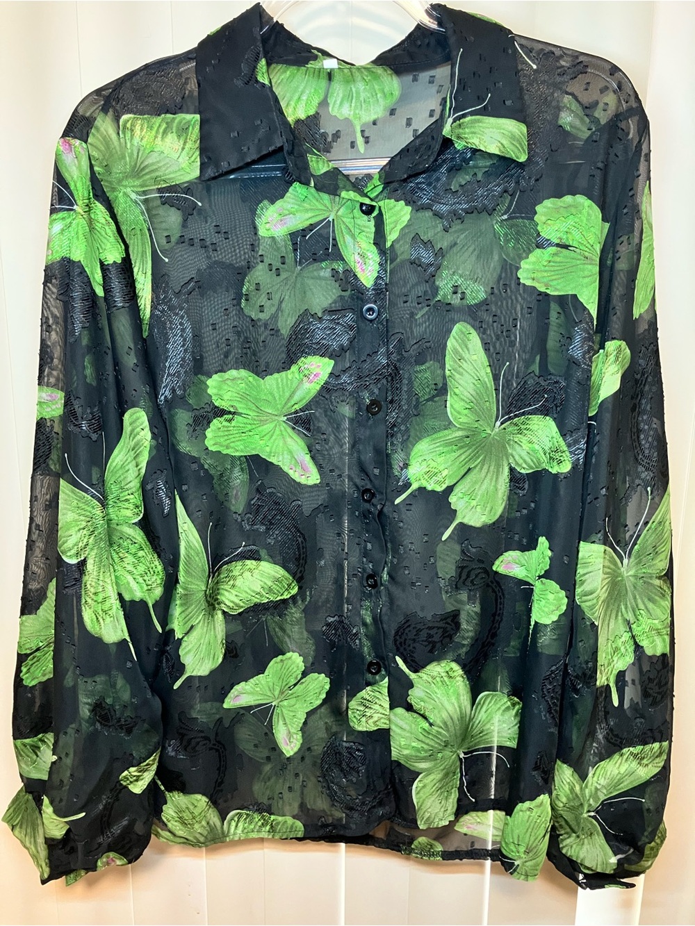 Sheer Black Button-Front Top with Neon Green Butterfly Print